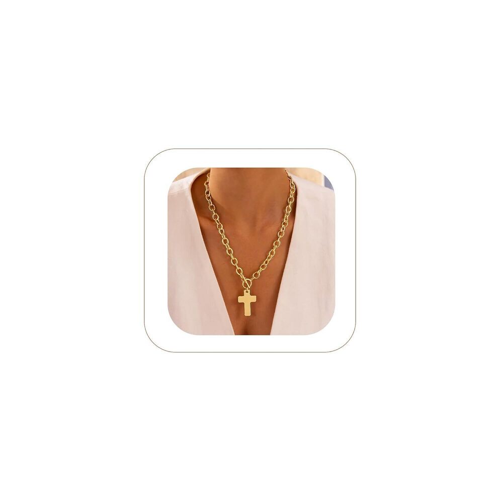 Chunky Gold Chain Cross Necklace for Women 14K